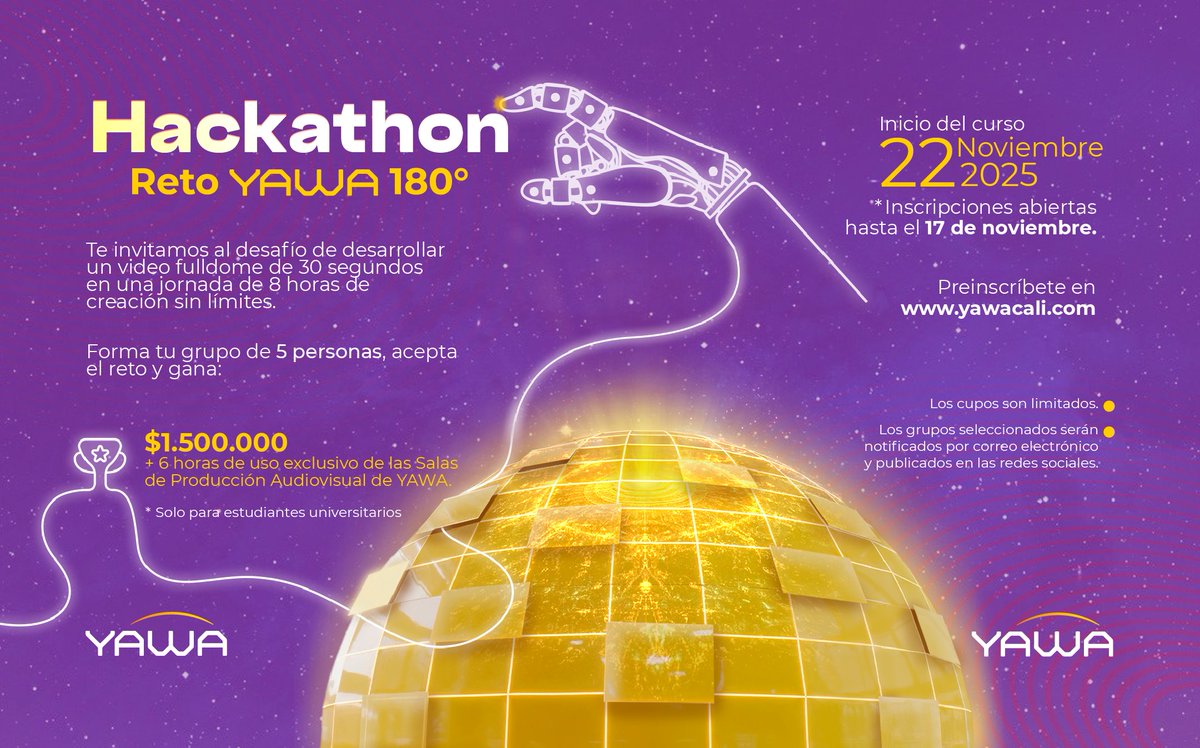🚀 Llega la Hackathon: Reto YAWA 180° 🎯 En 8 horas crea un video fulldome de 30 segundos sobre YAWA y compite por $1.500.000 COP + uso exclusivo de la Salas de Producción Audiovisual de Yawa. 
👩‍🎓 Solo para estudiantes universitarios
Preinscríbete en yawacali.com/hackaton-yawa-…