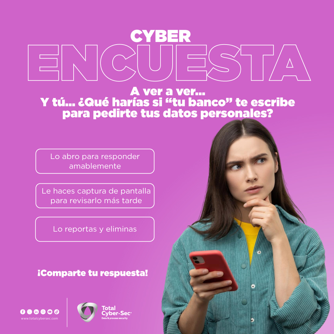 totalcybersec's tweet image. En #TotalCyberSec queremos saber: 👉 ¿Qué harías si recibes un correo sospechoso?
Comenta con la letra que consideres correcta y demuestras de qué está hecho tu instinto #Digital. 🔥