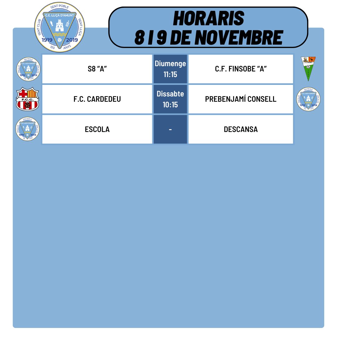 Horaris dels partits d'aquest cap de setmana!

#somlliçà🔵⚪