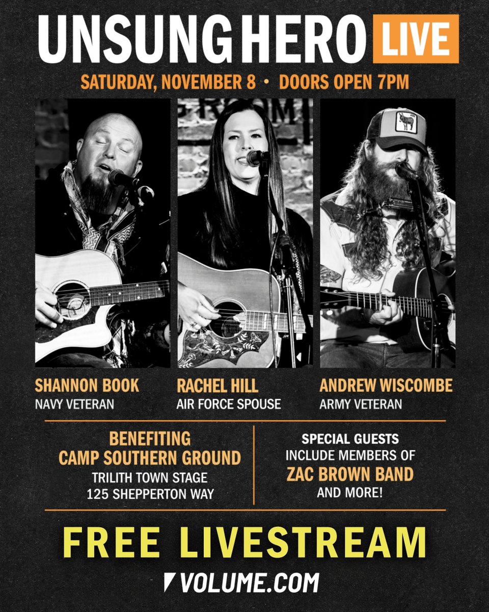 GetOnVolume's tweet image. 🎶 You’re invited! Unsung Hero LIVE is streaming nationwide TOMORROW, NOVEMBER 8 on @Getonvolume! Watch from anywhere + support @campsoutherngrd&apos;s dedication to serving kids, veterans and families and growing good in the world.⁠
⁠
🎟️ go.volume.com/3Lm2jhr