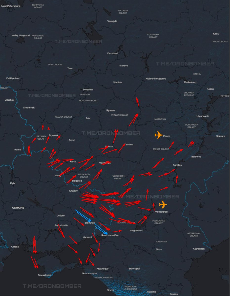 🇺🇦00:10 | 08/11

Approximate flight routes of our UAVs:

🔴The red arrow — directions of strike UAVs;

🔵The blue arrow — directions of jet-type UAVs;

🟡The yellow airplane — airfields where the “Plan Kover” has been activated;

Airports in Penza and Volgograd — temporary