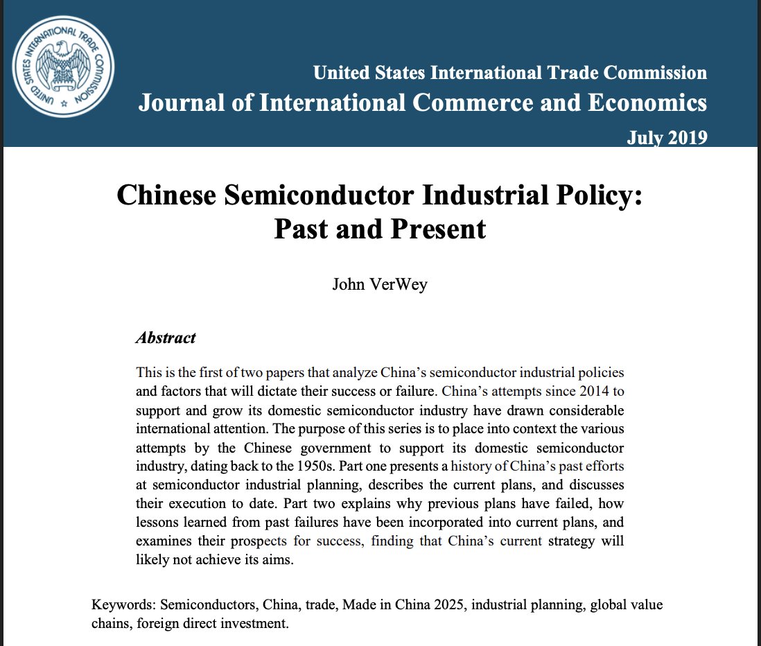 Great background here on the history of China's semiconductor industrial policies starting from the 1950s. The big takeaway: indigenizing the technology and lessening foreign reliance have been key goals for a long time.
usitc.gov/publications/3…