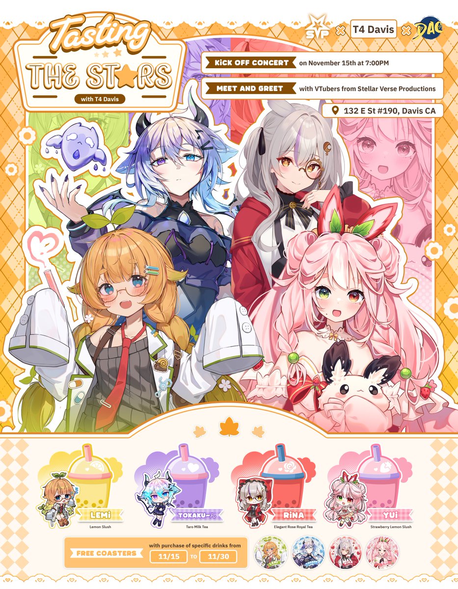 StellarVersePro's tweet photo. ⭐️Announcement⭐️

SVP is collaborating with T4 Davis and the @AnimeClubDavis to present our first "Tasting the Stars"!

🎙️Kickoff Concert - November 15th @ 7PM

🧋Free Coaster with advertised drinks from 11/15-11/30

📍Location: T4 Davis - 132 E St #190, Davis, CA https://t.co/GJiZY0MxGj