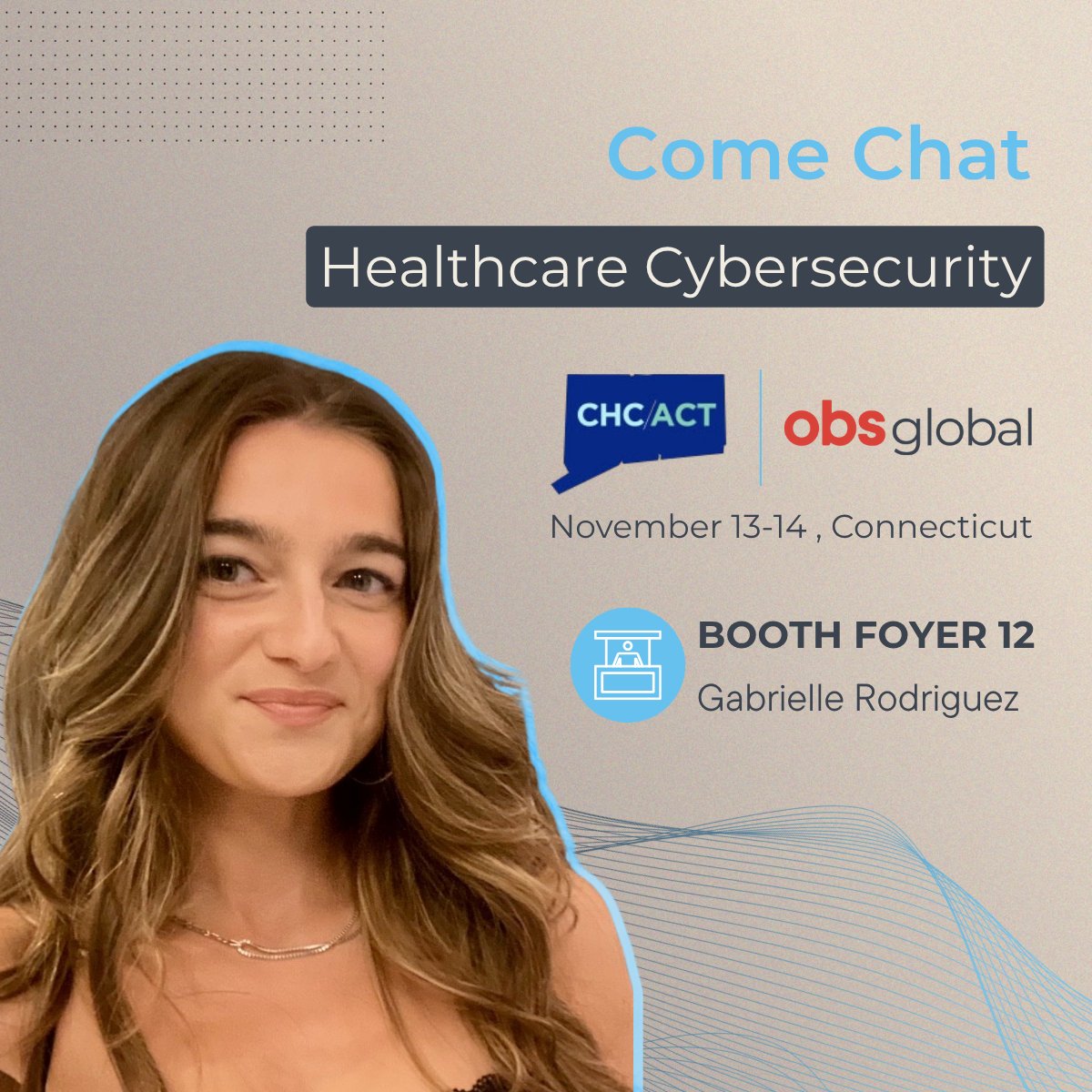 obs_global's tweet photo. OBS Global is excited to attend the CHC/ACT Conference! Visit Booth Foyer 12 to meet Gabrielle Rodriguez and learn how to simplify compliance, boost cybersecurity, and strengthen your mission of care. 

See you in Connecticut!

#CyberSecurity #CommunityHealth #OBSGlobal https://t.co/SGQL1kwv2D