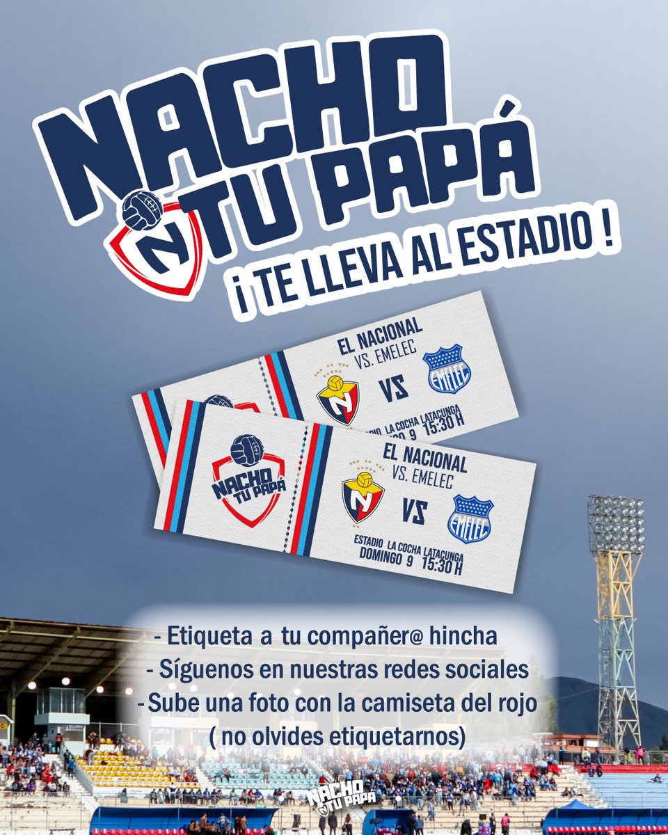 NACHO TU PAPÁ te lleva al estadio:

- Etiqueta a tu compañer@ hincha.
- Síguenos en nuestras redes sociales.
- Sube una foto con la camiseta del rojo. 
(no olvides etiquetarnos)