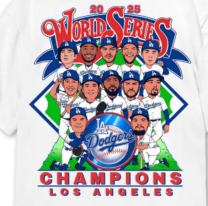 ArashMarkazi's tweet image. Love this Dodgers caricature 2025 World Series Champions shirt inspired by the one from 1988.