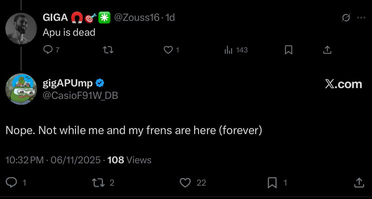 Check out the absolute ratio on this.
Oh lordy, sideliners are gonna SEETHE when we actually hit $33bn, we have plushies in Walmart, a top-trending Movie, celebrities with $APU NFT PFPs, and companies lining up to feature the cute frog in their ads.
We’re more giga than giga at