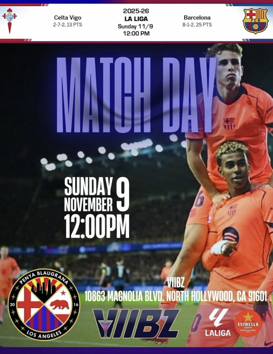 Here we go again!
LaLiga action!
Nou Camp Nou on the horizon!
But first need to get an important W 
🚪 11am
Kickoff 12 noon
Come hang with your Penya Fam
Enjoy a cold Estrella and some amazing food courtesy of Viibz!
📍 10863 Magnolia Blvd No-Ho
Visça el Barça and Visça PBLA 💙❤️