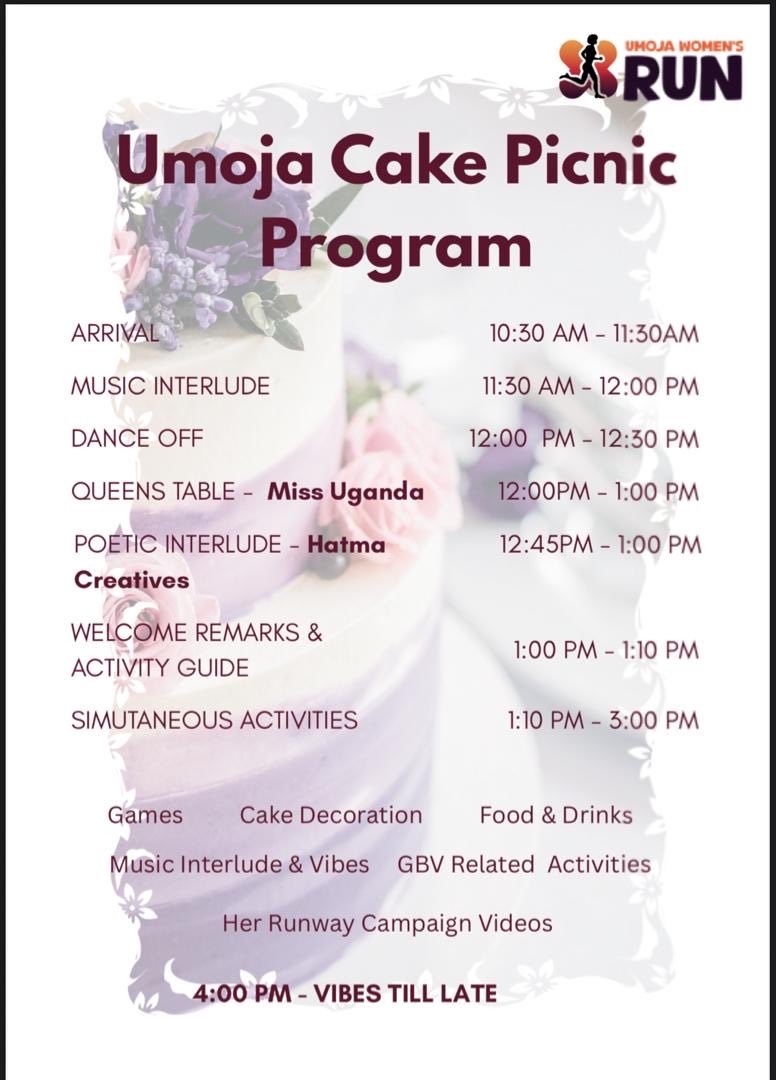 PROGRAM &amp; EVENT ADVISORY: UMOJA CAKE PICNIC &amp; BAKE FESTIVAL! 🎂🧁🍰

Hey sweet souls! ❤️ The long-awaited Umoja Cake Picnic is finally here: a day of joy, flavour, and purpose! 🍰✨

📍 Venue: Kitante Hill School
🕥 Gates open: 10:30 AM
💃🏾 Theme: Fun for a good cause: because