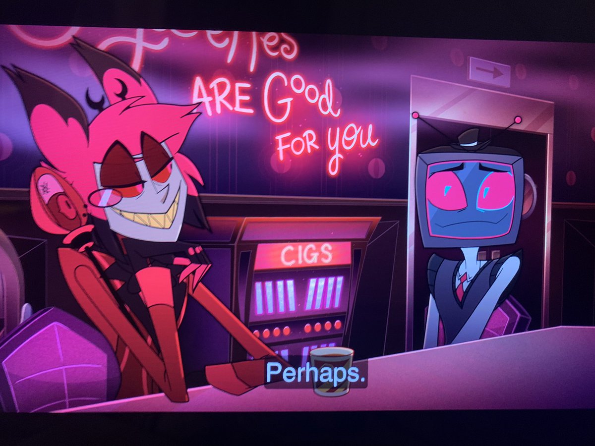 psychicteaa's tweet photo. alastor’s body language in the bar feels and looks so different: the smile he does feel genuine for vox, he liked his physical contact, he laughed and even teased him. alastor rly didn’t wanna look vulnerable in front of hell, but he truly felt something #RadioStatic #StaticRadio https://t.co/73vcksji7U
