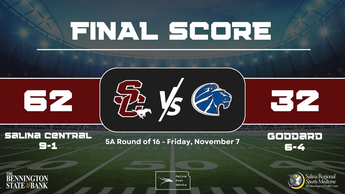 The <a href="/SC_MustangFB/">Salina Central Mustangs Football</a> team CRUISES to the next round with a beatdown of Goddard at home 🥱

After three years away, the <a href="/SC_Mustangs/">Salina Central High School Athletics</a> are back in the quarterfinals!