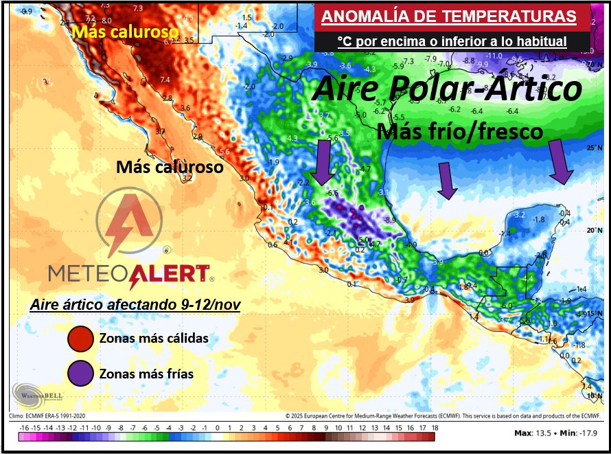 InfoMeteoro's tweet image. 🟣ADVERTENCIA por #AireÁrtico del #FrenteFrío13

🗓️9-12/nov en el norte, noreste, centro, oriente, sureste y parte de occidente

🌡️TEMPERATURAS
Comienza a refrescar el domingo en el norte/noreste; lunes fresco a frío en todas las regiones mencionadas: máximas 10-25ºC, mínimas…