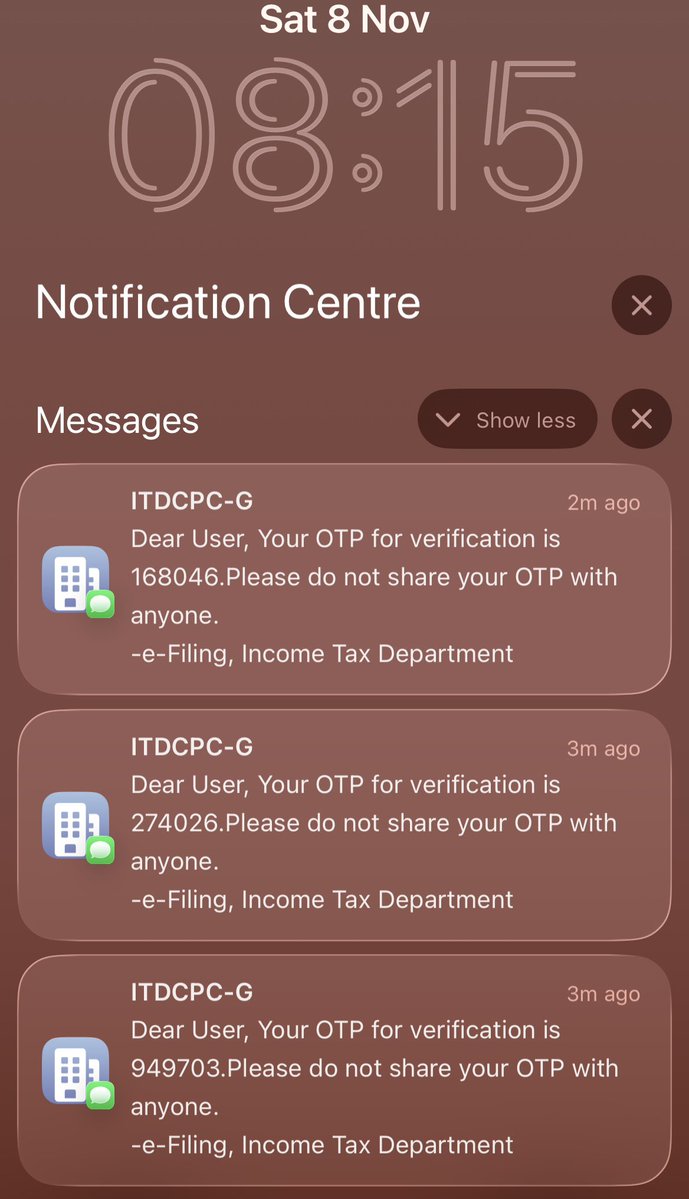 Dear <a href="/IncomeTaxIndia/">Income Tax India</a> 
Do you shut down your SMS gateway in night? These are OTPs I requested last night around 2230 to file TDS and getting them now at 0813. 
And now you’ll charge late payment fees…