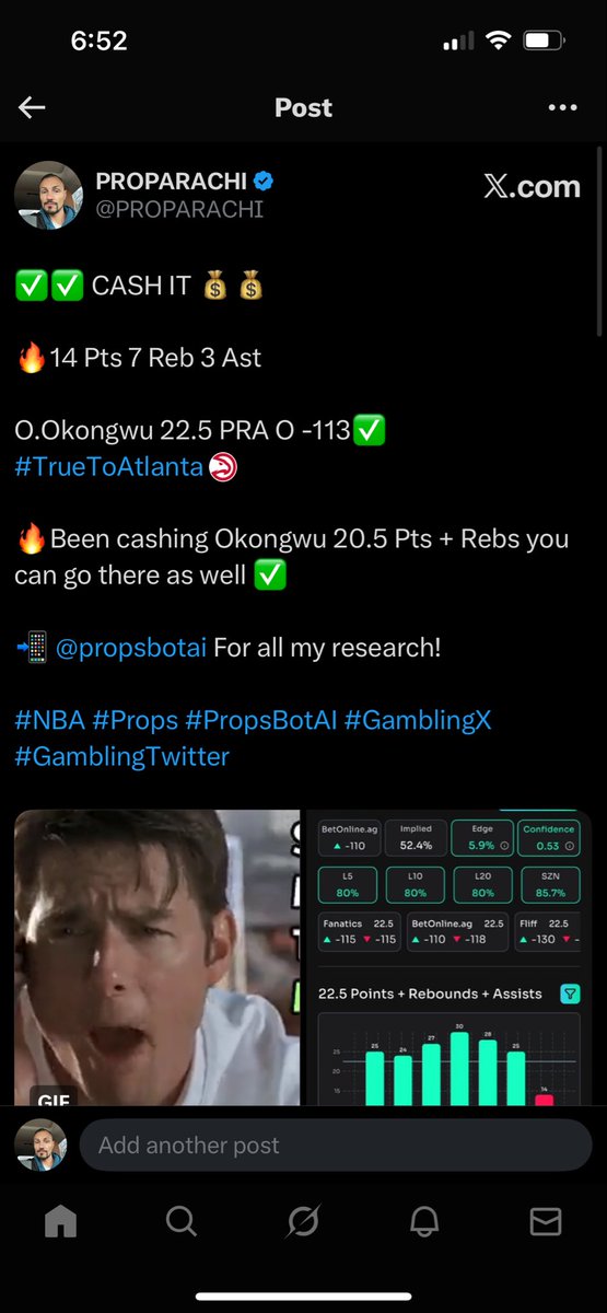 PROPARACHI's tweet image. ✅✅ CASH IT 💰💰

🏀S.Barnes 11.5 Reb + Ast O -120 ✅
#WeTheNorth  

💰NBA is Rolling 4 straight ✅✅✅✅

🤖 @propsbotai For all my research 

 🔗 link.propsbot.ai/zR6iXeIhCVb
Link to app above ⬆️ 

#PropsbotAI #Props #NBA #GamblingX #GamblingTwitter #Gambling𝕏