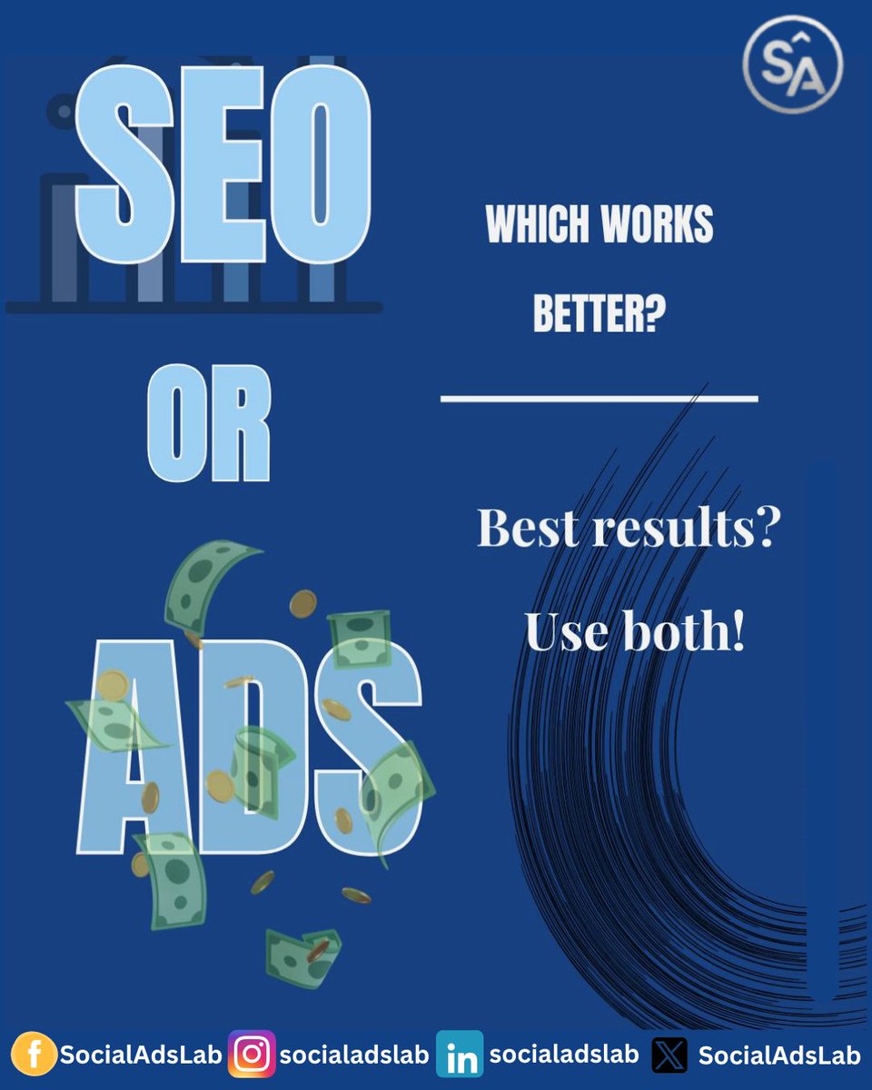 SocialAdsLab's tweet image. SEO means long-term trust and sustainable organic traffic, while ads deliver quick, impactful results. 
Which strategy are you prioritizing right now: SEO or paid advertising?&quot; 
#socialadslab #SEOAdsLab #SEOvsAds