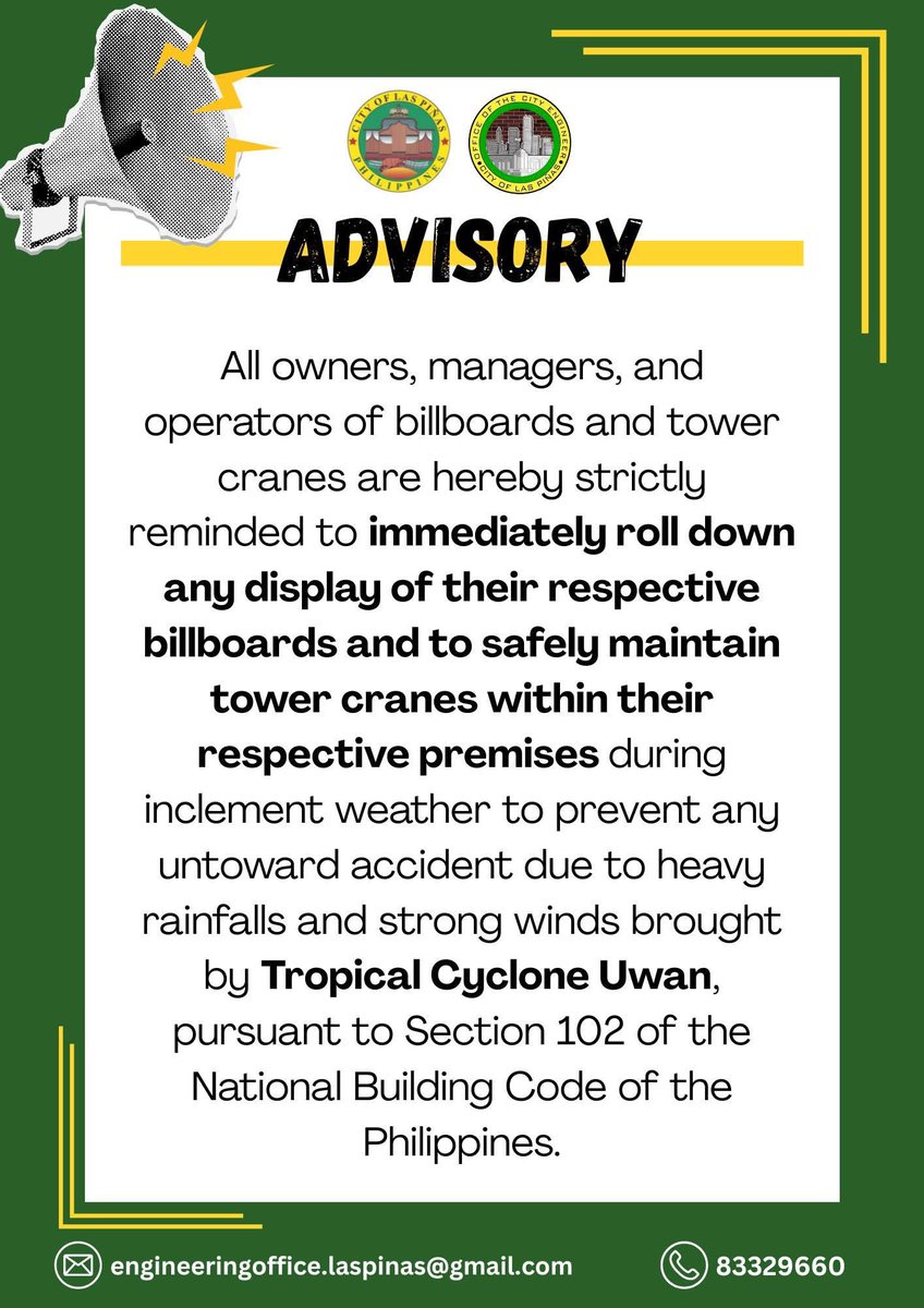 pinas_city's tweet image. BILLBOARDS, ROLL DOWN ⚠️

Mga billboards sa Las Piñas City, pinatitiklop na bilang paghahanda sa Super Typhoon Uwan.

#LPCUpdate
#UwanPH
#LasPiñas

📷 City Engineering Office Las Piñas/ Facebook