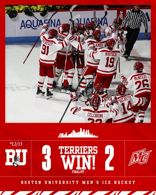 Group of Boston University mens ice hockey players in red and white jerseys with numbers like 91, 19, 26, 14, 22 on backs including names McNelis, Murtagh, Celibrini, Frechette wearing helmets and holding sticks celebrating victory by stacking arms on ice rink surface near boards with Aquafina advertisement referee in black and white striped uniform standing nearby scoreboard graphic at bottom showing BU 3 TERRIERS WIN 2 MC on December 13 date and Boston University Mens Ice Hockey text city skyline silhouette in background