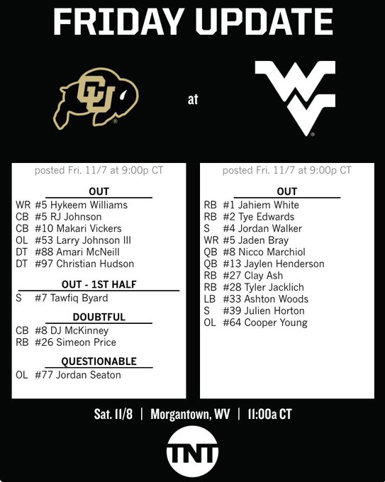Graphic titled Friday Update showing University of Colorado Buffaloes buffalo logo on left and West Virginia Mountaineers logo on right, with two side-by-side panels listing player statuses: left panel for Buffaloes with out players including WR #5 Hykeem Williams, CB #5 RJ Johnson, OL #53 Makari Vickers III, DT #88 Amari McNeill, DT #97 Christian Hudson, and out first half S #7 Tawfiq Thomas, CB #8 DJ McDoubful, RB #26 Simon Price, questionable RB #26 and OL #77 Jordan Seaton; right panel for Mountaineers with out players including RB #1 Jahiem White, RB #2 Tye Edwards, WR #4 Jordan Walker, QB #8 Nicco Marchiol, QB #13 Jaylen Henderson, RB #21 Clay Ash, LB #23 Ashton Woods, S #39 Julien Horton, OL #64 Cooper Young, and game details Sat 11/8 Morgantown WV 11:00a CT on TNT.