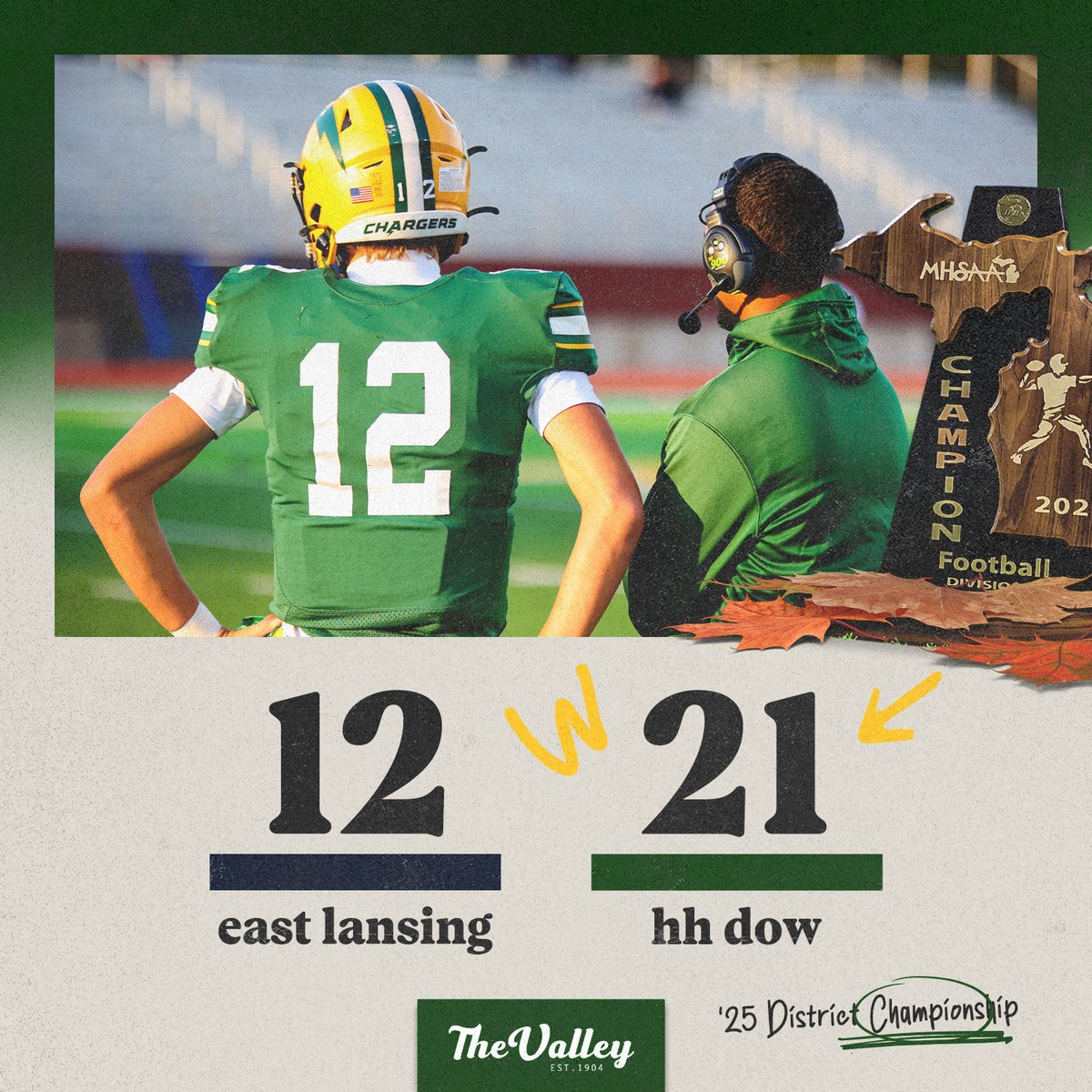 The (10-1) HH Dow Chargers claim their first District Title since 2015 and will host the Regional Championship next weekend against Orchard Lake St. Mary's!