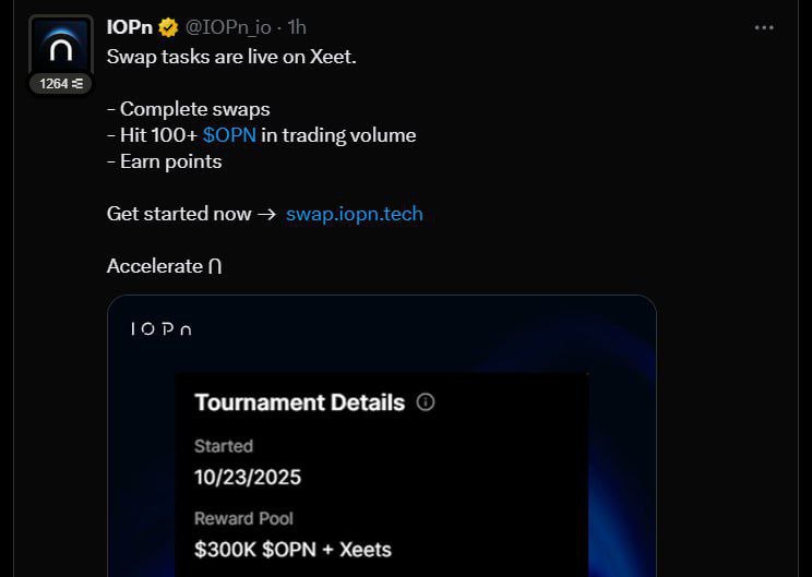 Update IOPn testnet 

👉 AE vào swap trên iopn nhé 

-Link:  swap.iopn.tech

👉 AE swap volume trên 100  OpN nhé 

👉 Link faucet: faucet.iopn.tech

👉  Thông tin báo chiết 

x.com/IOPn_io/status…