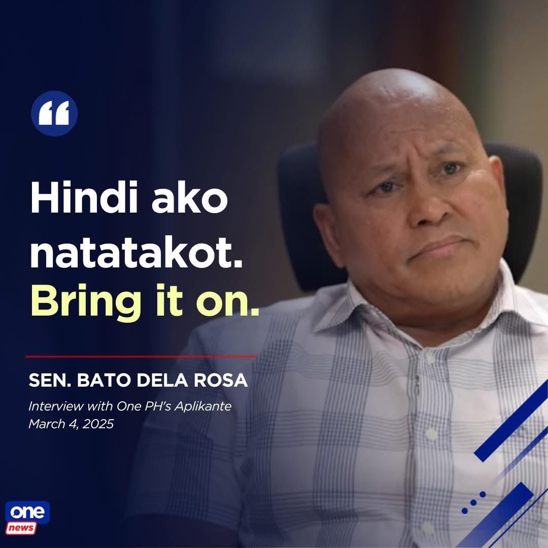 ICYMI - In a March 4 interview with One PH's #Aplikante, Sen. Ronald “Bato” Dela Rosa said he was “not afraid” of the International Criminal Court (ICC). 

Today, Nov. 8, Ombudsman Jesus Crispin “Boying” Remulla confirmed that the ICC has issued an arrest warrant for Dela Rosa.