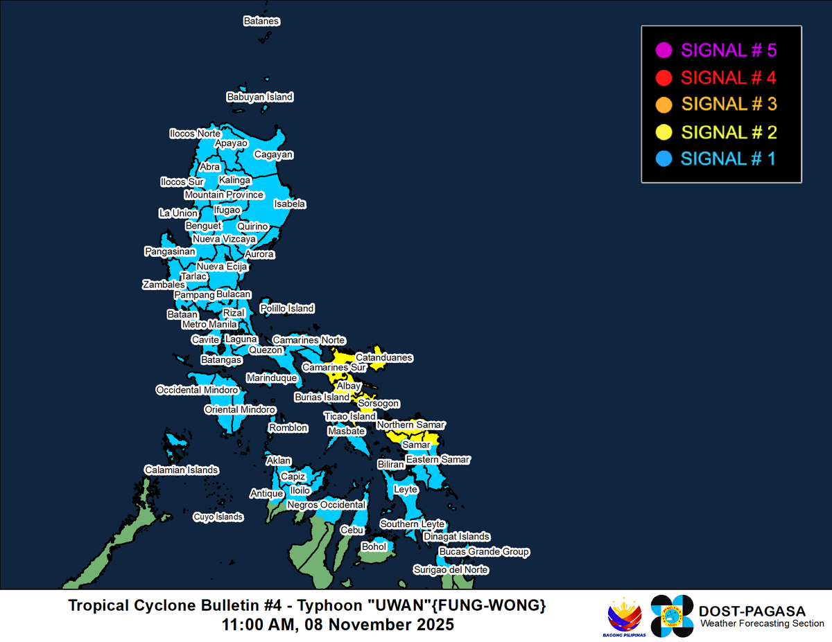 dost_pagasa's tweet image. TROPICAL CYCLONE BULLETIN NR. 4
Typhoon #UwanPH (FUNG-WONG)
Issued at 11:00 AM, 08 November 2025
Valid for broadcast until the next bulletin at 5:00 PM today.

TYPHOON “UWAN” HAS RAPIDLY INTENSIFIED IN THE LAST 24 HOURS OVER THE PHILIPPINE SEA EAST OF EASTERN VISAYAS.…