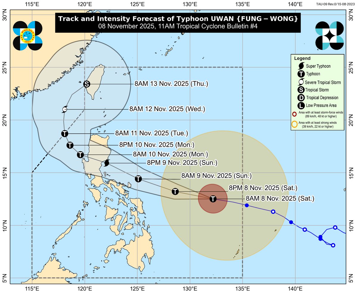 dost_pagasa's tweet image. TROPICAL CYCLONE BULLETIN NR. 4
Typhoon #UwanPH (FUNG-WONG)
Issued at 11:00 AM, 08 November 2025
Valid for broadcast until the next bulletin at 5:00 PM today.

TYPHOON “UWAN” HAS RAPIDLY INTENSIFIED IN THE LAST 24 HOURS OVER THE PHILIPPINE SEA EAST OF EASTERN VISAYAS.…