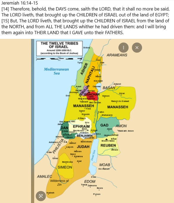 Color-coded map depicts the Twelve Tribes of Israel around 1200-1050 BC according to the Book of Joshua, with yellow regions for tribes like Judah, Benjamin, and Simeon in the south, green for Ephraim, Manasseh, and Issachar in the central area, and other colors for Dan, Naphtali, and Asher in the north. Surrounding areas include Arameans to the northeast, Edom and Moab to the southeast, Philistines along the southwestern coast near the Mediterranean Sea, and Ammon and Gad east of the Jordan River. Labels mark cities like Jerusalem, Bethel, and Gaza, with wilderness areas such as Zin and the Wilderness of Edom at the bottom. Biblical text overlay quotes Jeremiah 16:14-15 about Gods promise to bring Israel back from the north and other lands to their fathers land.