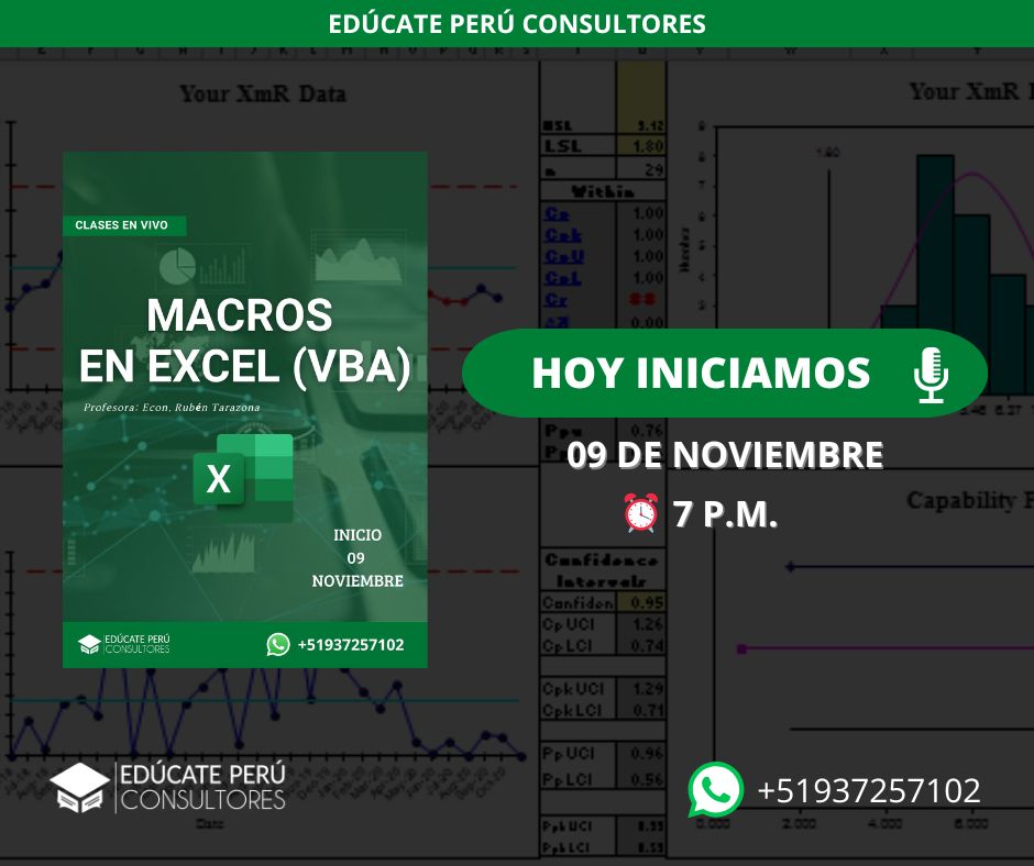 EducatePC_peru's tweet image. 📊 ¡Hoy iniciamos! Domina Macros en Excel (VBA)
Con el curso Macros en Excel (VBA) aprenderás a crear tus propios programas dentro de Excel.
📅 Inicio: 09 de noviembre
🕖 Hora: 7:00 p.m.
💻 Modalidad: En vivo
📞 +51 937 257 102
#MacrosEnExcel #ExcelVBA #EducatePeruConsultores