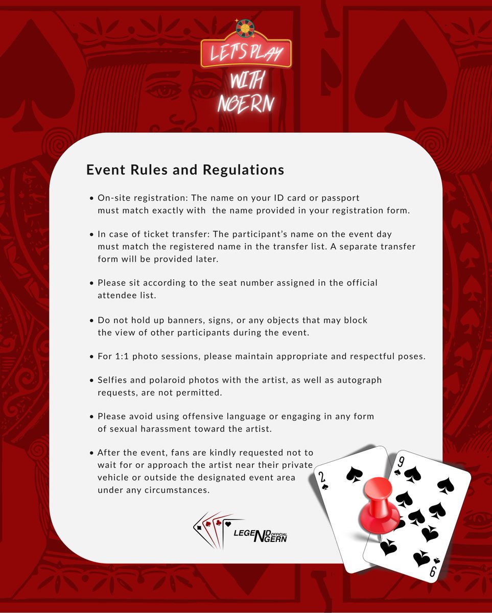 #LetsPlayWithNgern ♠️

แจ้งกฏระเบียบในการเข้าร่วมงานวันเกิด ครบ 29 ปี เงิน อนุภาษ | Event Rules and Regulations. 

📅 วันอาทิตย์ที่ 23 พฤศจิกายน 2568 | Sunday, November 23, 2025
📍 Union Co-Event Studio A-B , 5 FL (Union Mall)

<a href="/legendngern/">ngernnn</a> Legendngern
#ngernnn #ทีมเงิน