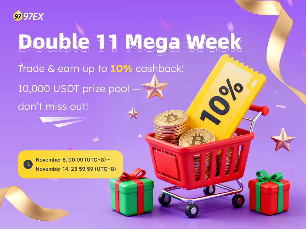 97EX_Official's tweet photo. 🔥 Double 11 Mega Week is here!
 Trade on 97EX and earn up to 10% cashback —
 plus a 10000 USDT prize pool waiting for you! 💰
The more you trade, the more you earn!
 📅 Nov 8–14 (UTC+8) https://t.co/dTgo2kcC4D