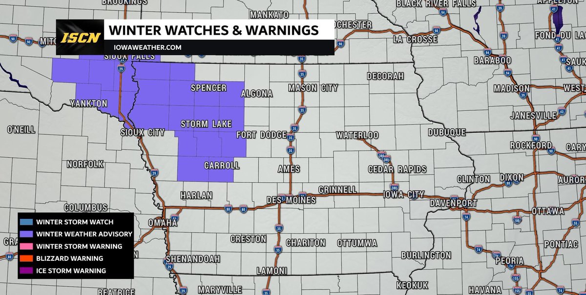 IAStormChasing's tweet photo. ⚠️ WINTER WEATHER ADVISORY — SATURDAY MORNING ⚠️

A fast-moving system will bring the first accumulating snow of the season to northwest and west-central Iowa early Saturday morning.

🌨 What to Expect
• Snow totals: 1–3" for portions of northwest/west-central Iowa, with a few spots seeing up to 4"
• Advisory Timeframe: 5 AM to Noon Saturday
• Impacts: Slippery roads, reduced visibility at times, and slick bridges/overpasses during the morning commute