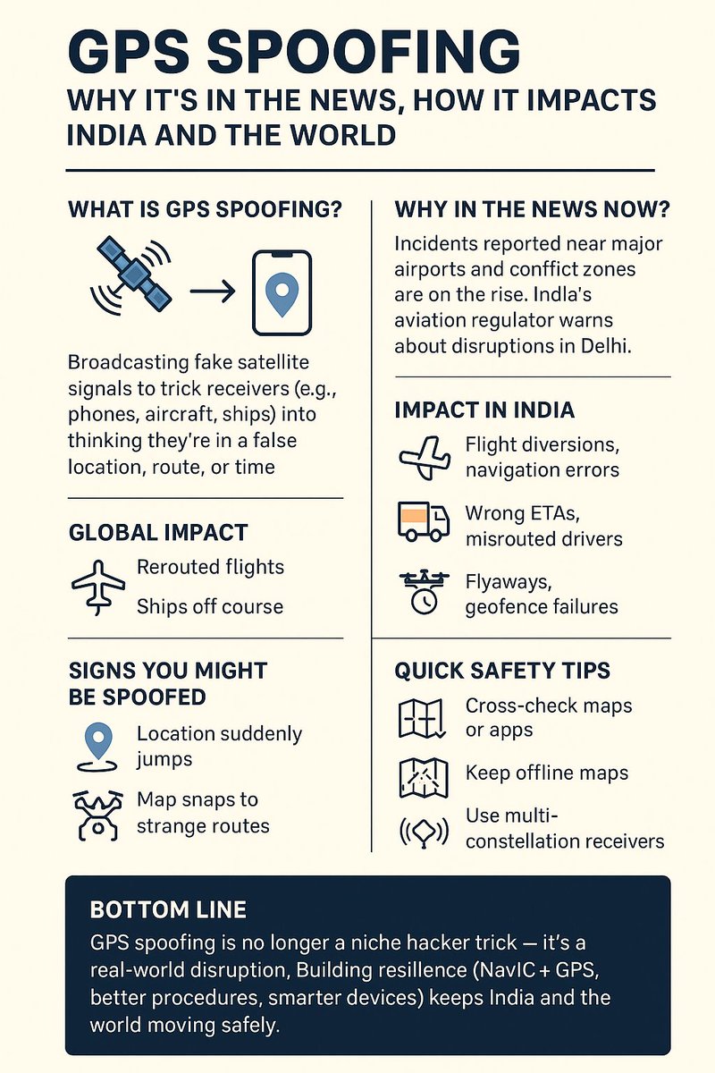 jain_tokendra's tweet image. #GPS is lying to pilots and ships?!” — That’s what GPS spoofing does. 
 What is #GPSspoofing?
It’s when someone broadcasts fake #satellite signals to trick receivers (phones, aircraft, ships) into believing a false location, route, or time.
