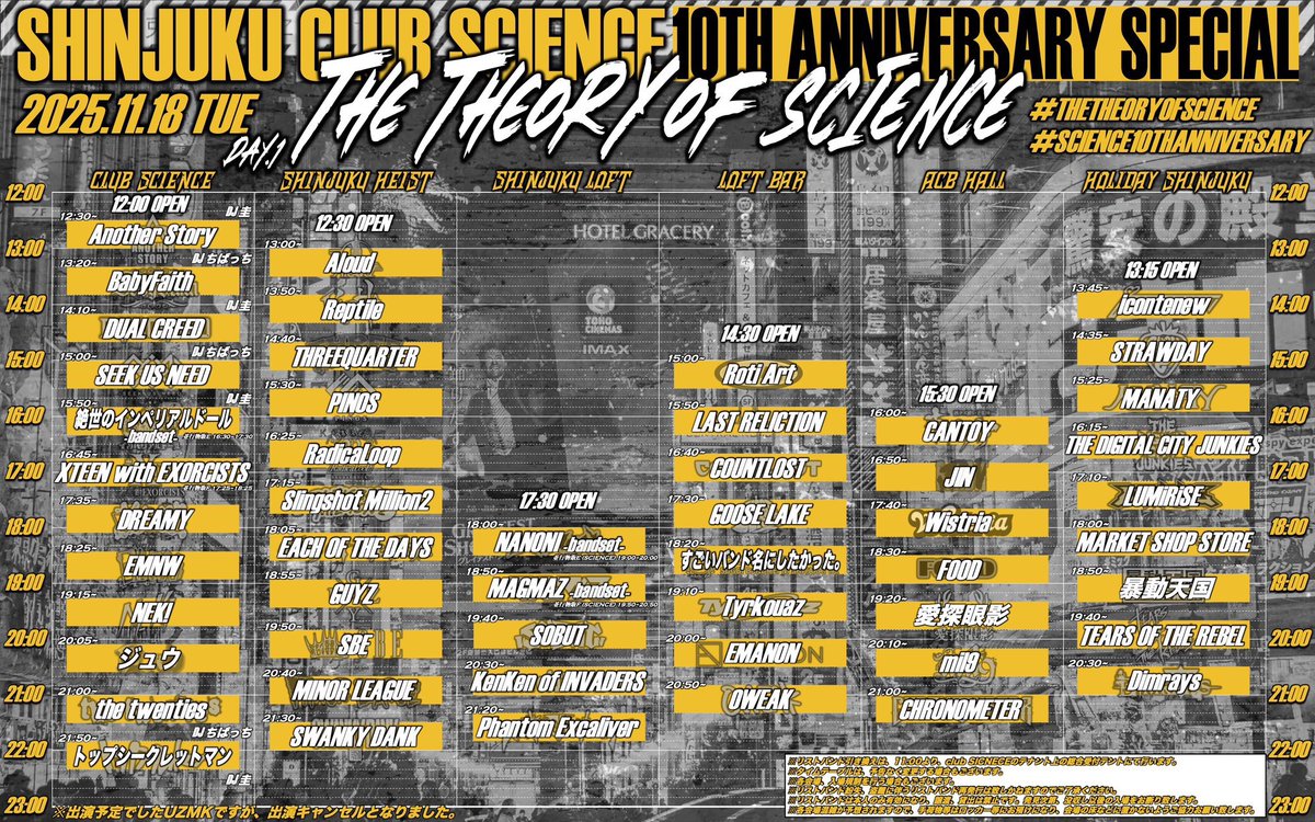 S_club_SCIENCE's tweet photo. 【club SCIENCE 10th Anniversary】
⚡️2025.11.18 TUE &amp; 11.19 WED⚡️
#THETHEORYOFSCIENCE
🔥2日間で全11会場サーキット🔥

開催まであと、、、
10日‼️‼️

🎫Now on sale🔥
✅Day.1 Ticket
https://t.co/WIgxI2RlWI

✅Day.2 Ticket
https://t.co/K2MSLkjqzy

✅2Days Ticket
https://t.co/cdVLZVg2WY https://t.co/GTGHLZv9kz