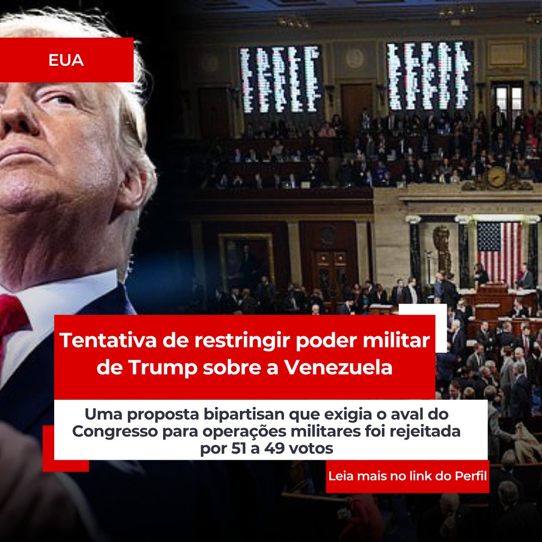 InformativaPE's tweet photo. 📣 Política Internacional em Alerta! 🌍

Uma proposta bipartidária que buscava exigir o aval do Congresso para autorizar operações militares foi rejeitada por 51 a 49 votos no Senado dos EUA.

Continue lendo👉https://t.co/cfHE15Mydi

#Política #Democracia #EUA #Congresso https://t.co/EgvupKudPs