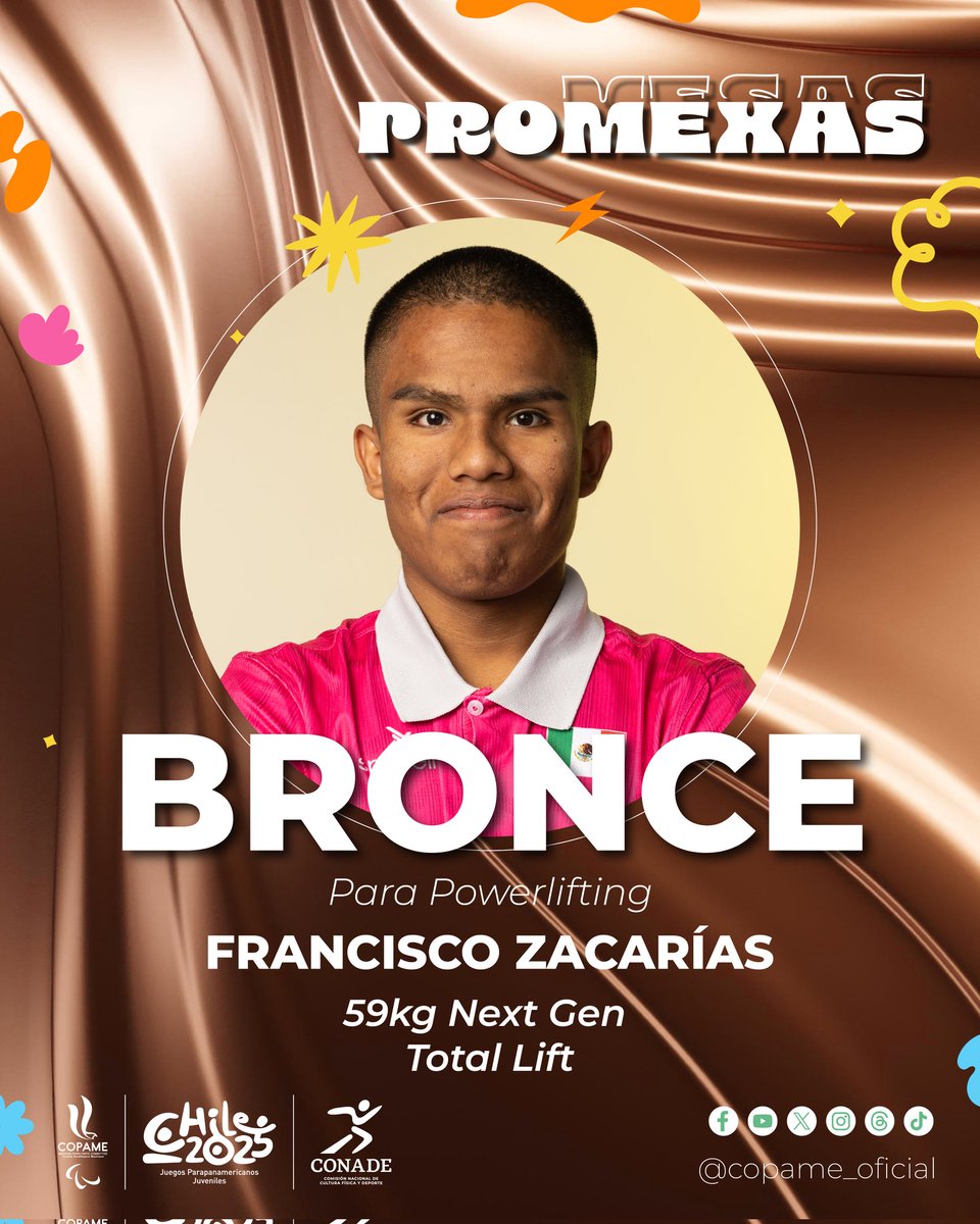 COPAME's tweet photo. 🥉✨ ¡La fuerza mexicana brilla en Chile! 🇲🇽
El para atleta mexicano, Francisco Zacarías Enrique Pule, levantó con determinación y poder para conquistar la medalla de bronce 🥉 en la categoría 59kg Next Gen levantando 182kg el total de sus levantamientos
#COPAME #Promexas https://t.co/3EbaiL8maj