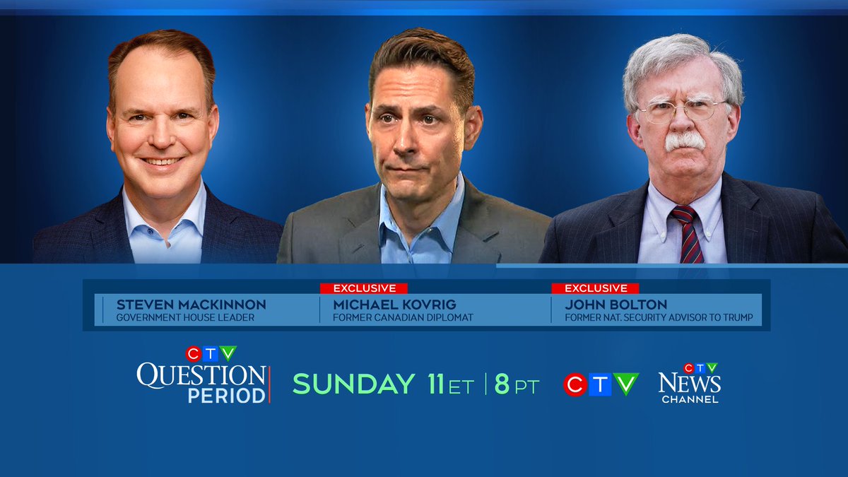 This Sunday on <a href="/ctvqp/">CTV Question Period</a>, <a href="/VassyKapelos/">Vassy Kapelos</a> speaks exclusively with:

➡️ Former Canadian diplomat Michael Kovrig
➡️ Former National Security Adviser to Trump John Bolton

Government House Leader <a href="/stevenmackinnon/">Steven MacKinnon</a> will also join the program Sunday on CTV and CTV News Channel at 11ET/8PT.