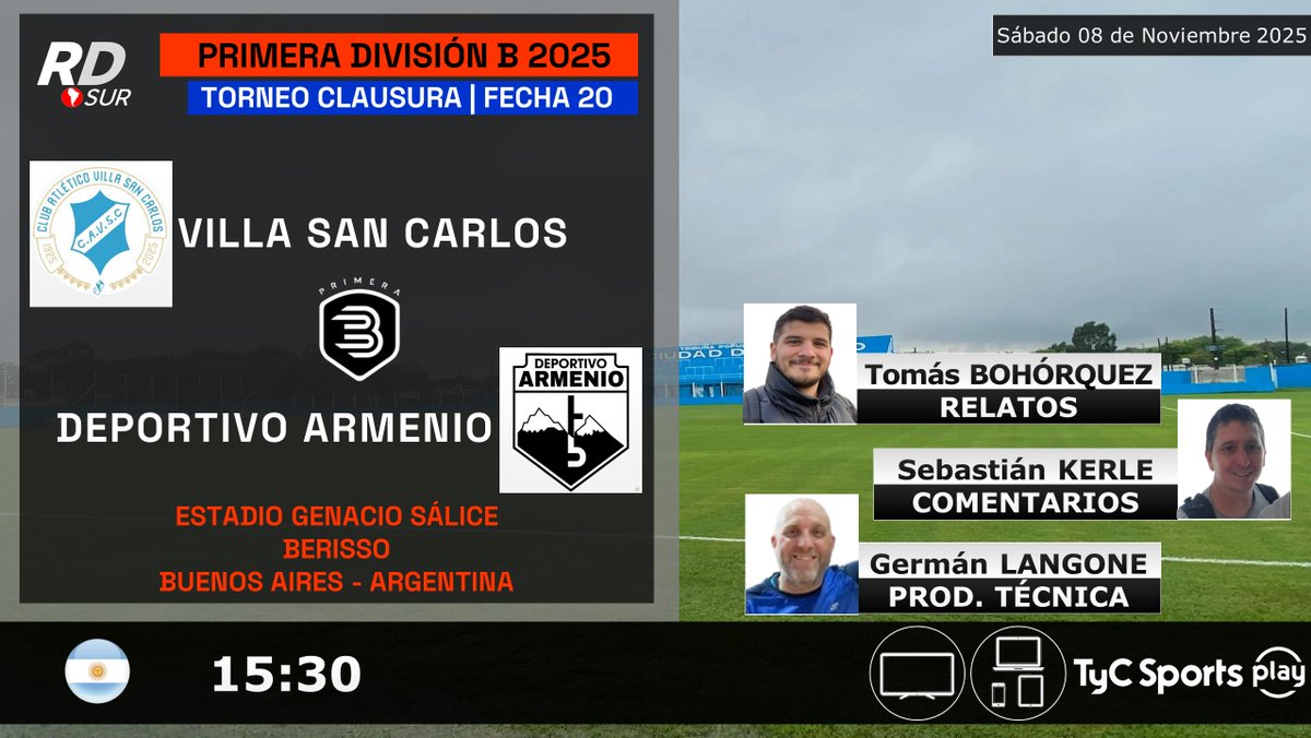 #PrimeraB Clausura 2025 🇦🇷
#VillaSanCarlos vs #DeportivoArmenio
🎙️ Relatos: <a href="/TomasgBohorquez/">Tomás Bohórquez 🏟</a>
🎙️ Comentarios: <a href="/sebakerle/">Sebastián Kerle</a>
🎥 Producción Técnica: <a href="/GermanLangone/">Germán Langone</a>
💻📱 <a href="/TyCSportsPlay/">TyC Sports Play</a> 🇦🇷
#️⃣ #PrimeraBEnTyCSports