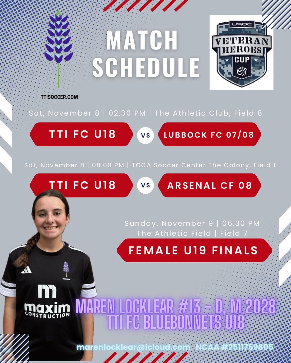 I am excited to be playing in Dallas, Texas this weekend for the Veterans Day Cup with <a href="/TTi_soccer/">TTi Soccer</a> !
#ttibluebonnets #veteransdaycup