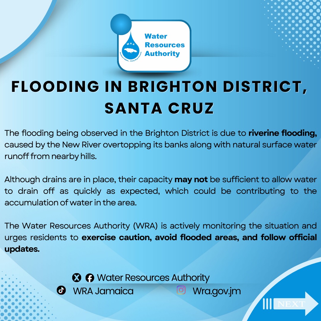 Flooding Update – Brighton District

The flooding in Brighton District is the result of riverine flooding from the New River overtopping its banks, combined with surface runoff from nearby hills.

#WRA #FloodUpdate #Brighton #NewRiver #RiverineFlooding #Jamaica #StaySafe