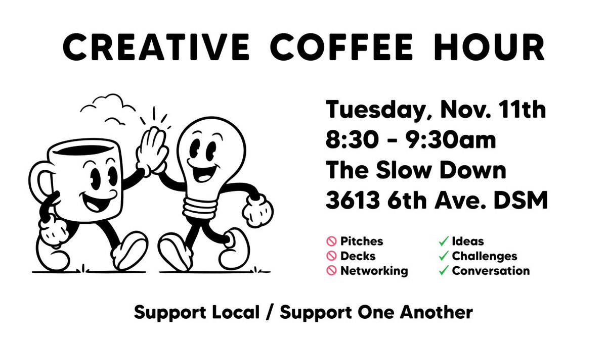 Where are my fellow Des Moines, IA creatives at on here?!

Come hang on Tuesday morning at the Slow Down to enjoy the company of some fellow creatives and some coffee!

linkedin.com/events/creativ…