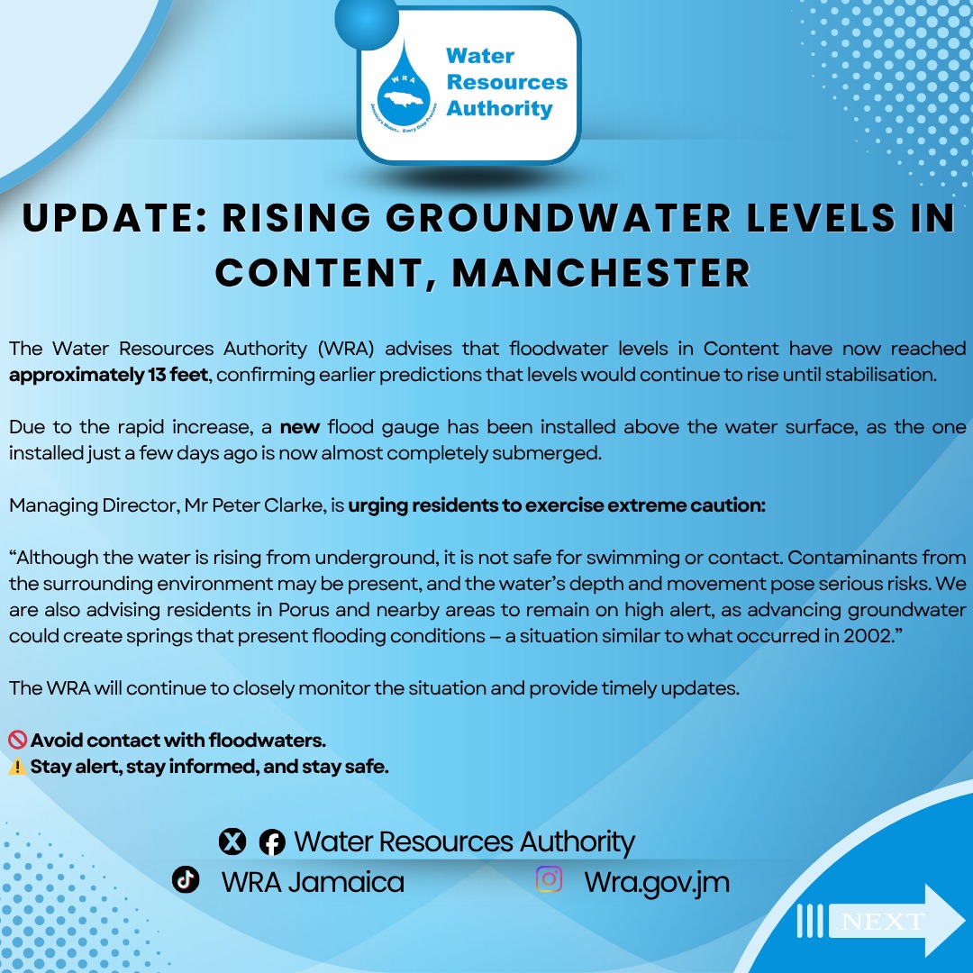 🌊 WRA Flood Update – Content, Manchester

🚫 Avoid contact with floodwaters
⚠️ Stay alert. Stay informed. Stay safe.

#WRA #FloodUpdate #Content #Manchester #Porus #StaySafe #Jamaica #WaterResourcesAuthority