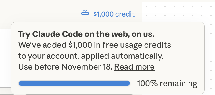 Just noticed Claude gave us extra credits to use with Claude Web: claude.ai/code

Deets: support.claude.com/en/articles/12…
