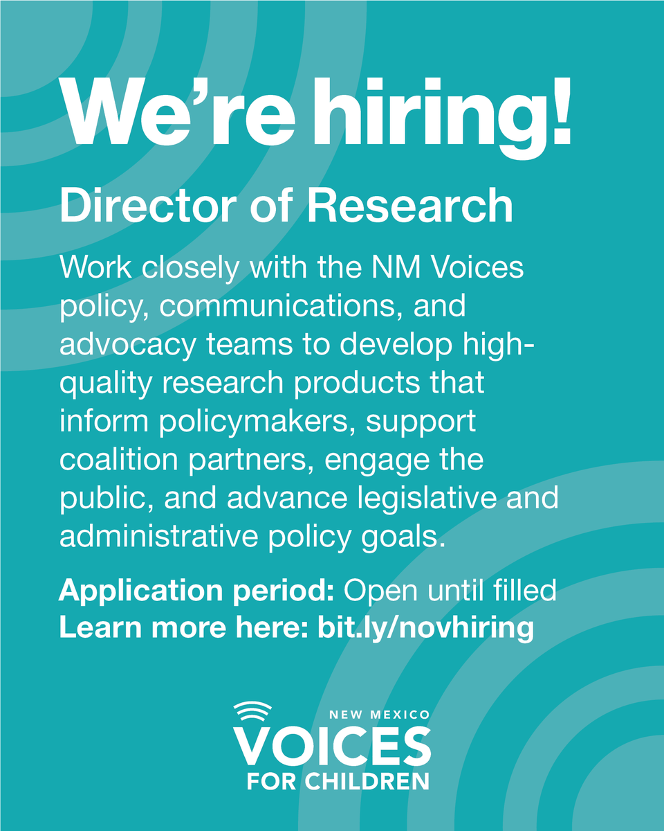 We're hiring for a Director of Research role! This role oversees the development and management of our research agenda, and ensures all analysis and research supports our mission to improve the well-being of NM’s children and families. Learn more here ➡️ ow.ly/6sbm50XoLp6