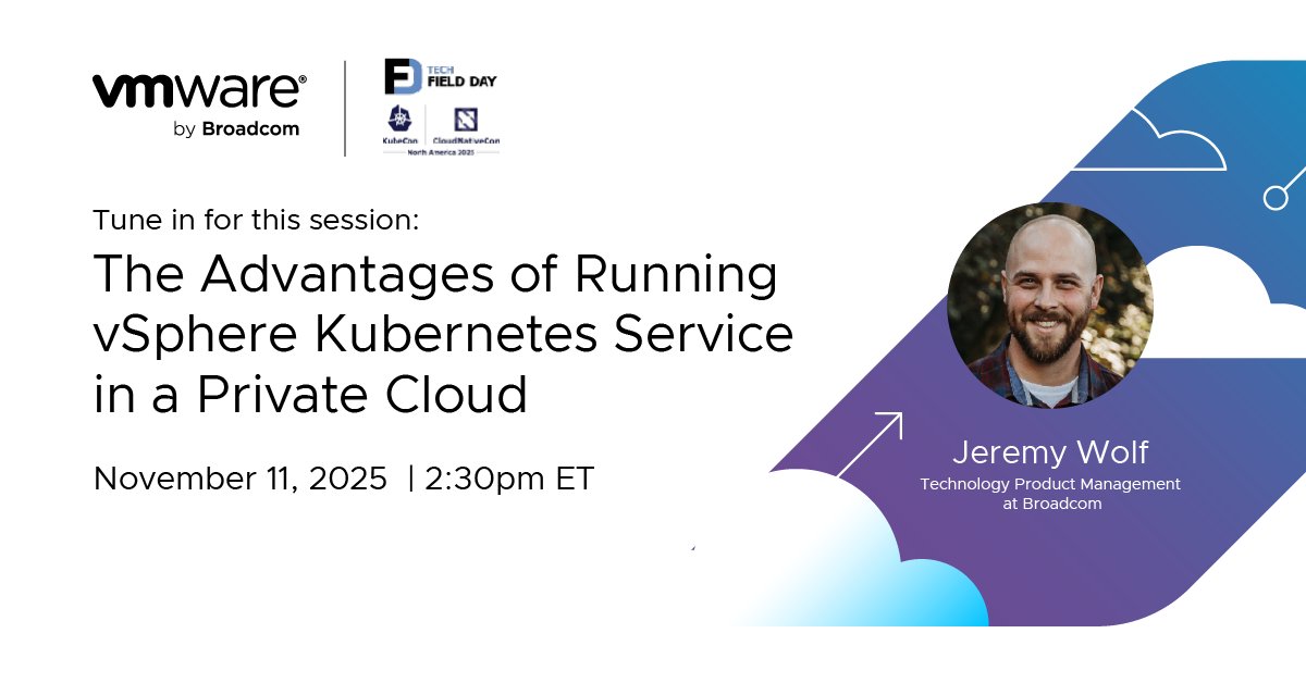 vmwarevcf's tweet image. Deploying apps on Kubernetes should be simple—and with vSphere Kubernetes Service (VKS), it is.

Tune in live on LinkedIn and join William Arroyo, Solutions Architect at Broadcom at Tech Field Day during KubeCon North America 2025

🔗 Details: techfieldday.com/event/kubecon2…