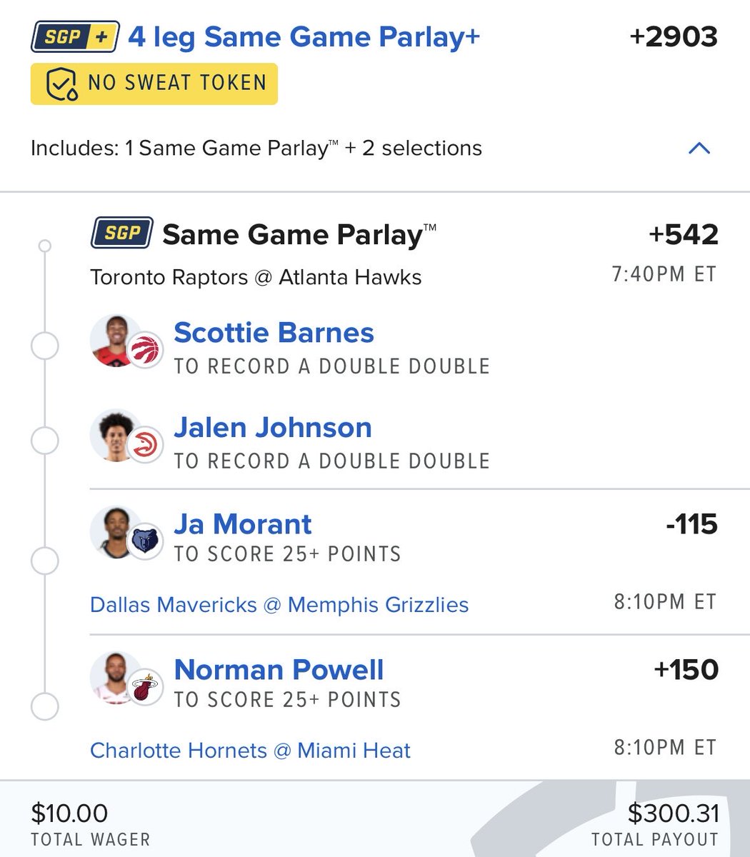 🏀 Here’s how I’m using the FD no sweat token, didn’t realize it was a max of $10 

$10 —&gt; $300.31

-Scottie: Feel like this could be a potential TD spot, ATL has serious issues with athletic forwards
-Jalen: On the other side Jalen just goes nuts without Trae on the floor, in a