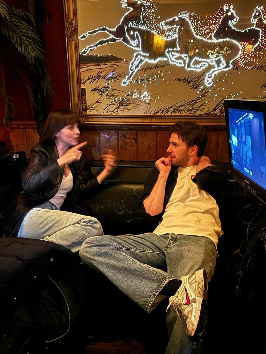 Dakota Johnson, Pedro Pascal and Chris Evans on set of ‘MATERIALISTS’, shared by Celine Song on Instagram.