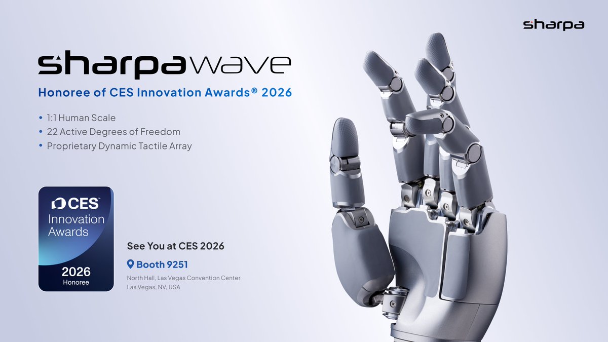 SharpaRobotics's tweet image. We did it! 🏆 #SharpaWave just won a #CES 2026 Innovation Award in Robotics!
Can’t wait to bring our cutting-edge robotics to Las Vegas.
Come say hi 👋 — CES 2026, LVCC North Hall, Booth 9251, Jan 6–9.

#Sharpa #DexterousHand #Humanoid #AI #TactileSensing @CES