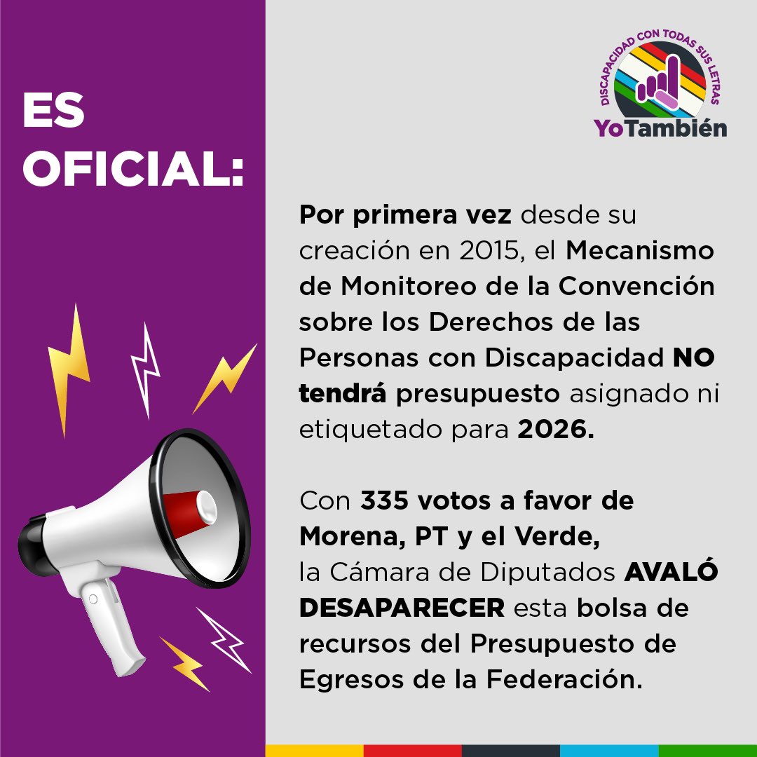🚨 Legisladores ANIQUILAN presupuesto para discapacidad 

En septiembre analizamos el Proyecto de Egresos de la Federación 2026 —enviado por la presidenta Claudia Sheinbaum al Congreso— para conocer el presupuesto destinado a la atención integral de la población con discapacidad.