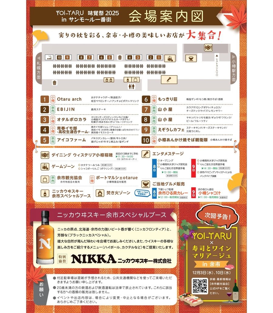 otaru_aobato's tweet photo. 【11/8・9】
『YOI‐TARU味覚祭2025』
サンモール一番街にて開催。
余市と小樽を食べて���ぼう。美味しいものを集めたグルメフェス。天気が悪くても大・丈・夫。アーケード内だよ。ゲームでも遊べるし、落ち葉焚き…ではないけれど、焚き火もあるよ。

小樽と余市の美味しさ、食べればいいっしょ。 https://t.co/2qeozOpCey